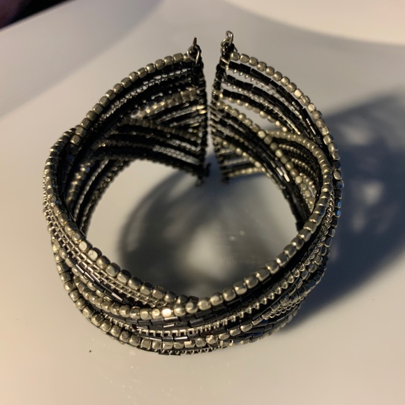 Silver & Black Beaded Cuff Bracelet – Multi-Strand Crisscross Design - Picture 2 of 5